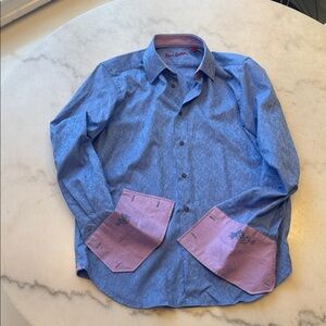 NWOT Robert Graham Blue and LILAC Button Down Shirt WITH FRENCH CUFFS